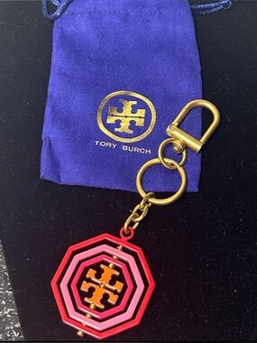 Tory Burch Pink & Red Enamel Octagon Logo Keyring